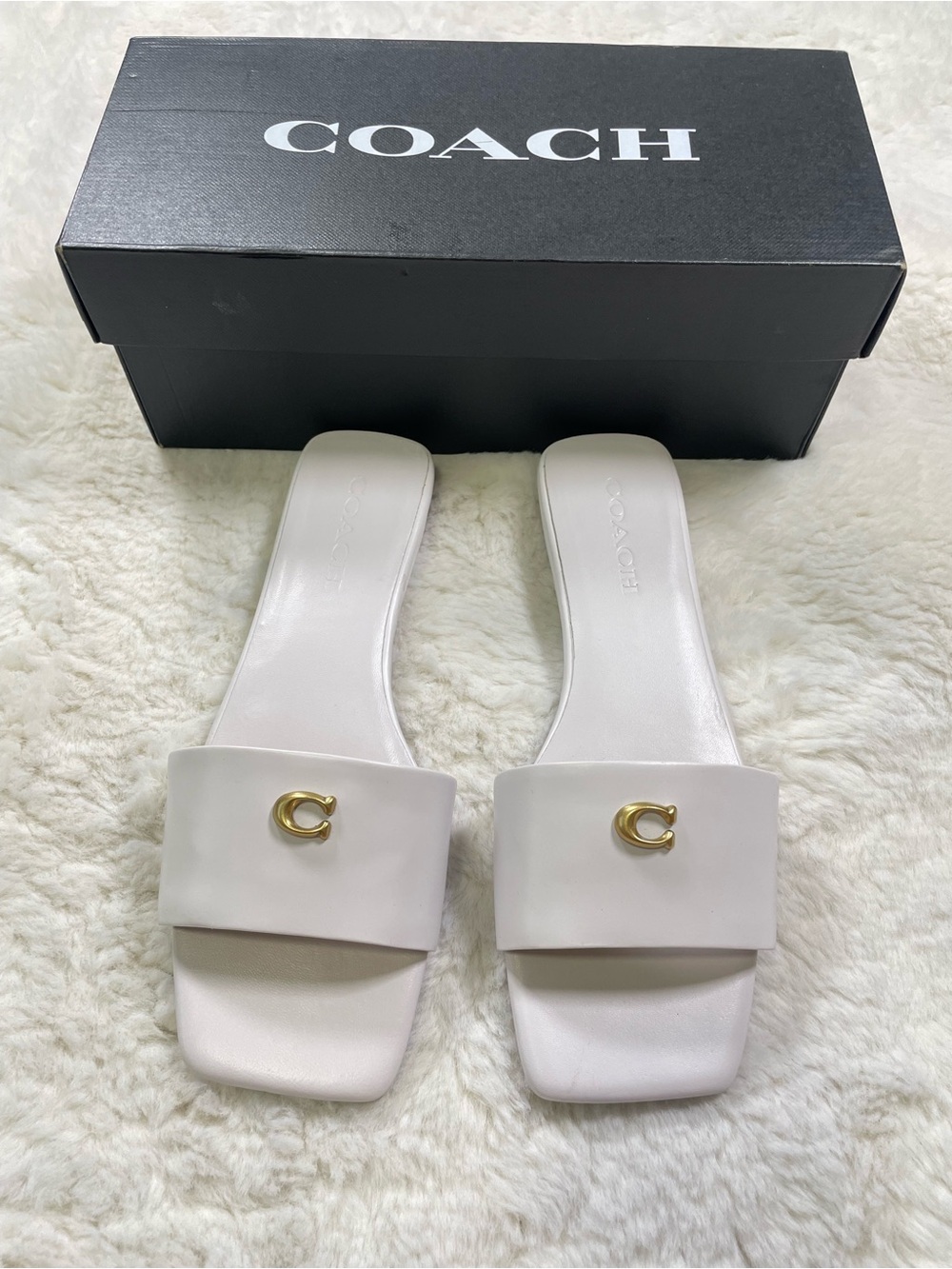 Coach White Open-Toe Slide Mules with Gold Accent